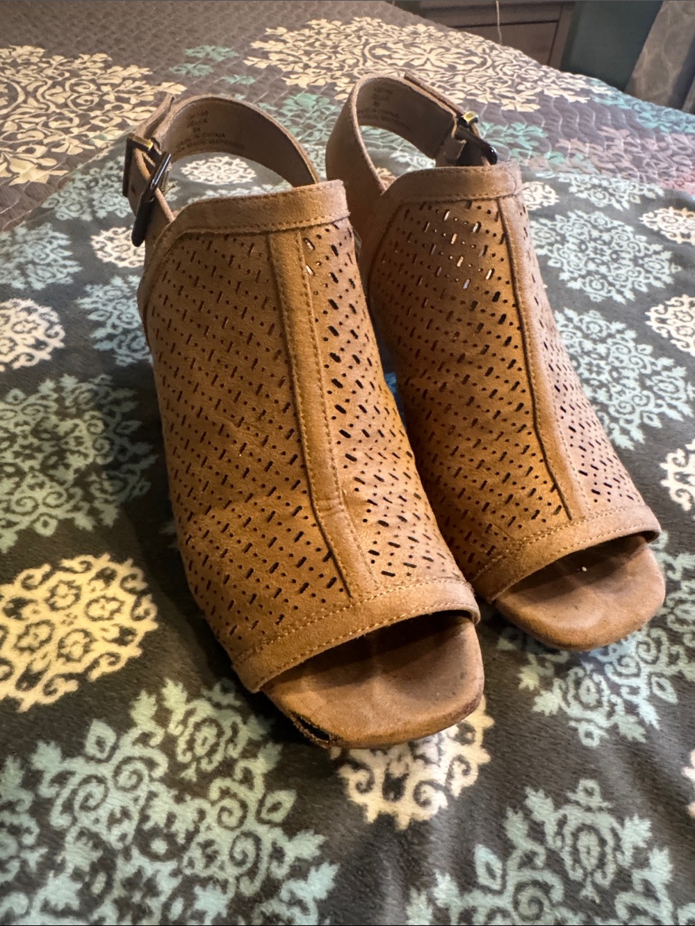 Zella Tan Suede Perforated Peep-Toe Slingback Mules